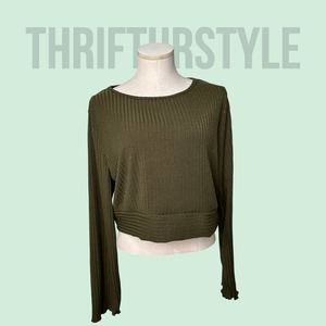 Olive‎ Green Ribbed Knit Cropped Long Sleeve Top Casual Everyday Shirt